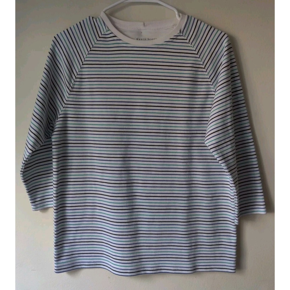 Karen Scott Sport Women's 3/4 Sleeve Crewneck White/Blue/Green Stripe Size Small